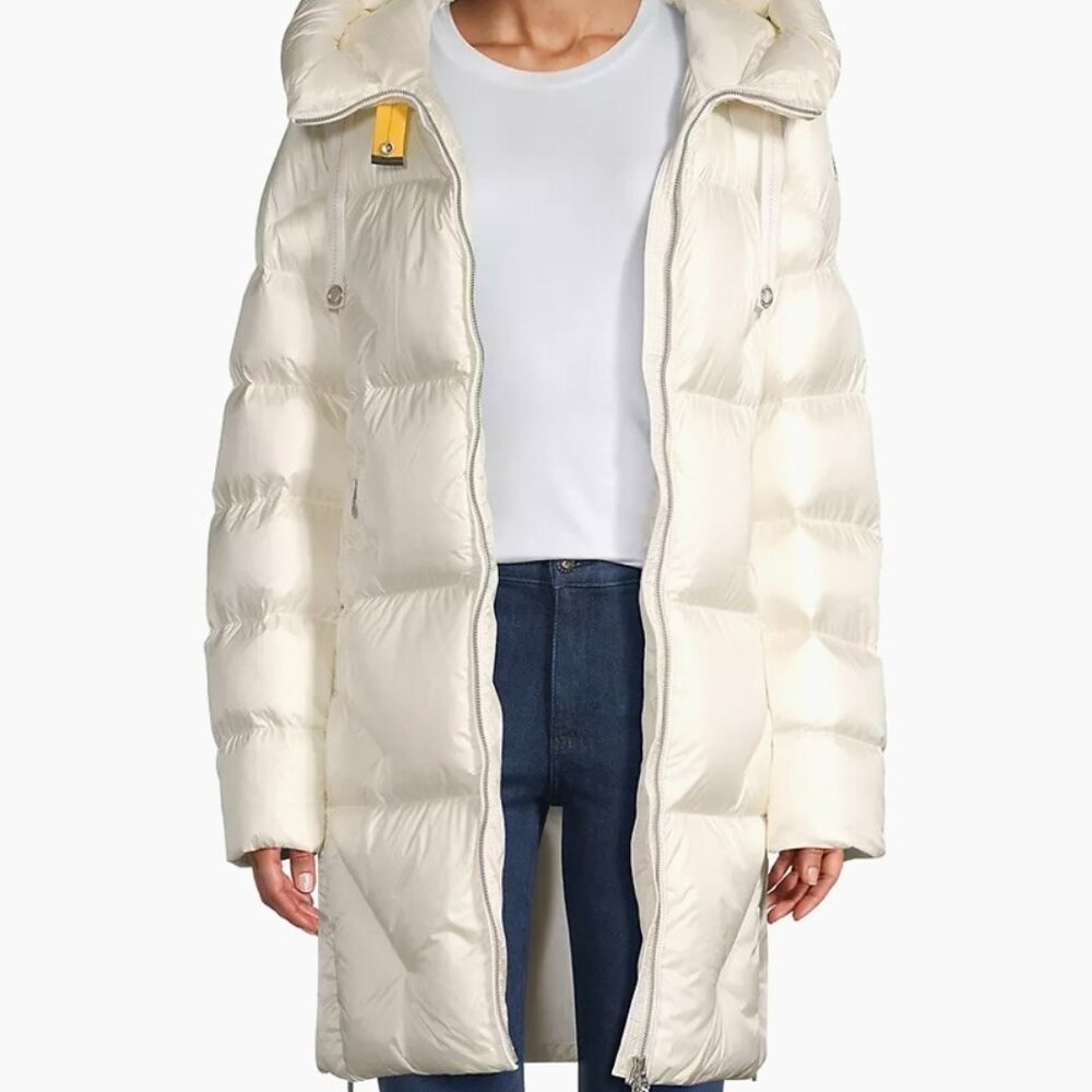 Long Puffer Coat - Cream Hooded Women's Jacket